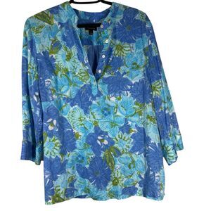 Talbots Floral Sequin Popover Top Womens Sz M Tencel Blue Boho 3/4 Sleeve